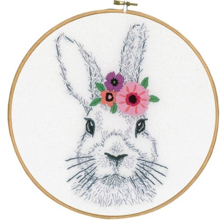 Borduur kit Konijntje met bloemen bedrukt 24cm