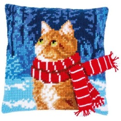 Kruissteekkussen Kat met sjaal 40x40cm