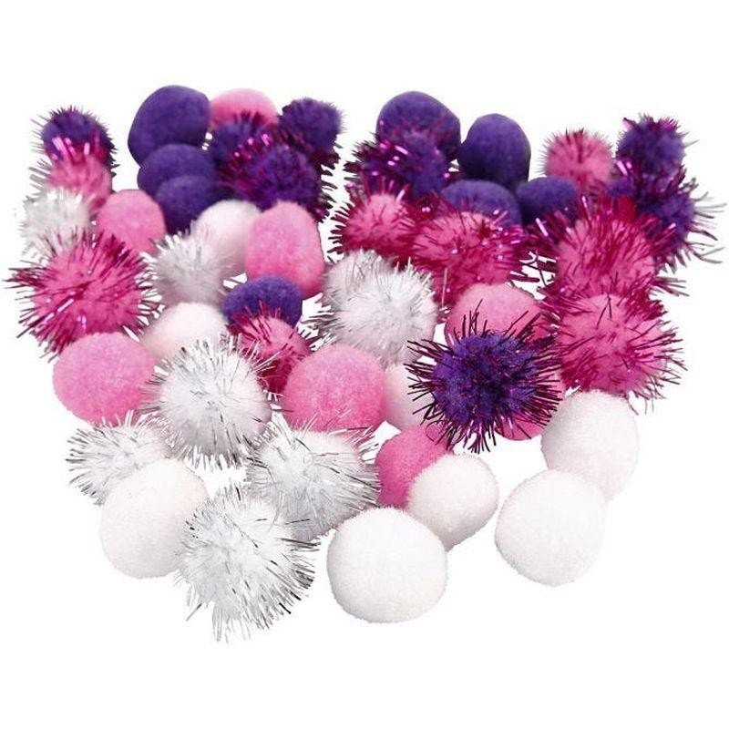 Pompons  15 + 20 mm paars roze wit /48st