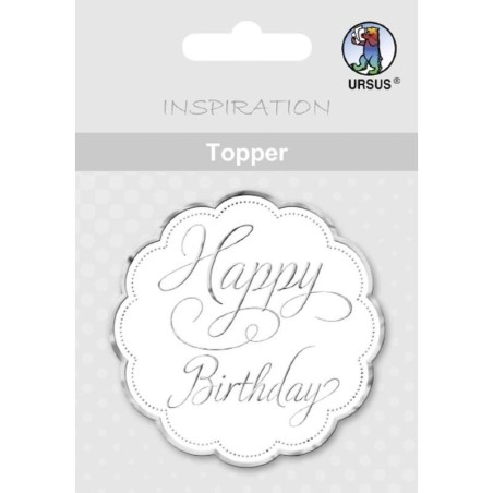 Label rond happy birthday wit/zilver