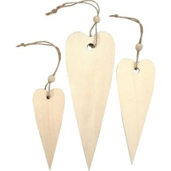 Houten sierharten lang met touwtje / set 3 stuks